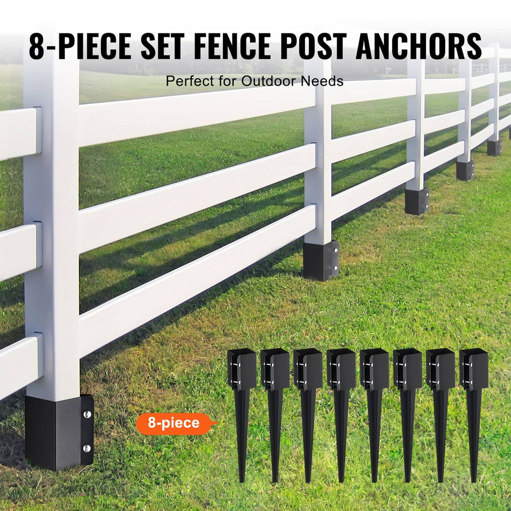 8-pack black metal ground spike fence post anchors with square base plates.
