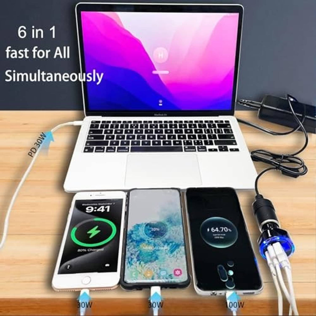 USB multiport car charger adapter with voltage display and cable, charging a phone