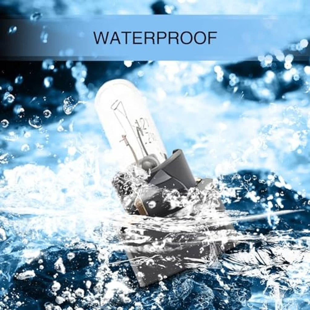 Waterproof T5 instrument bulb with clear glass lamp in black plastic holder, splash detail