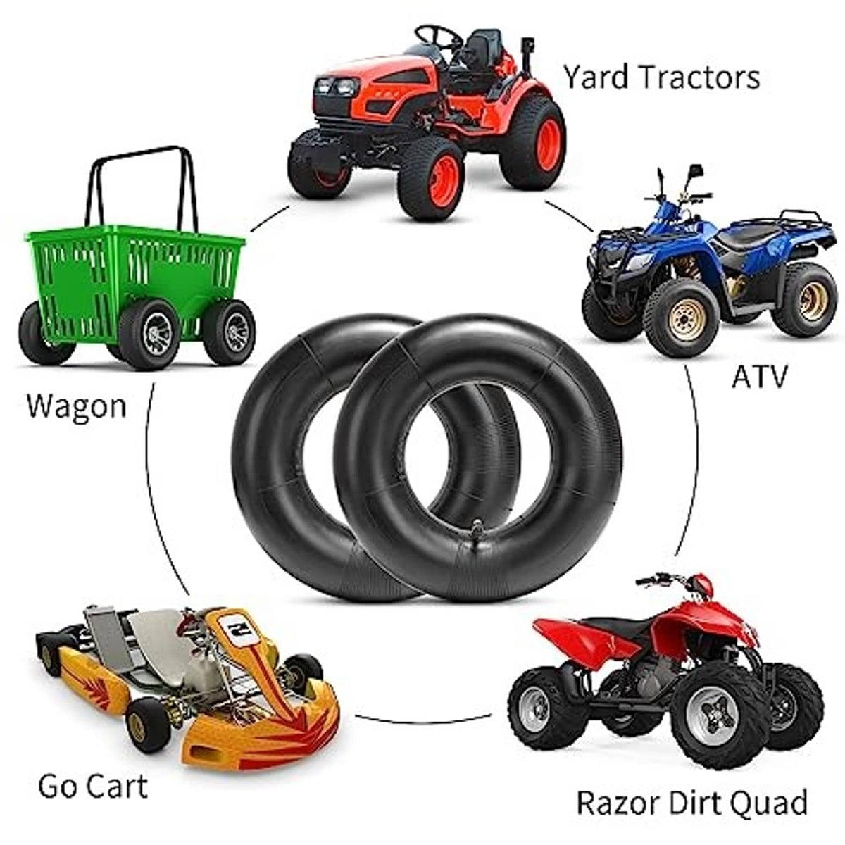 Two black inner tubes pictured with yard tractor, ATV, and go-cart use