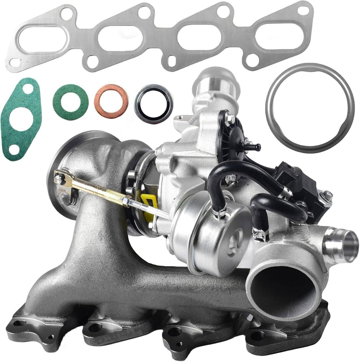Turbocharger with gasket pack: metal flanges, green seals, and circular O-rings