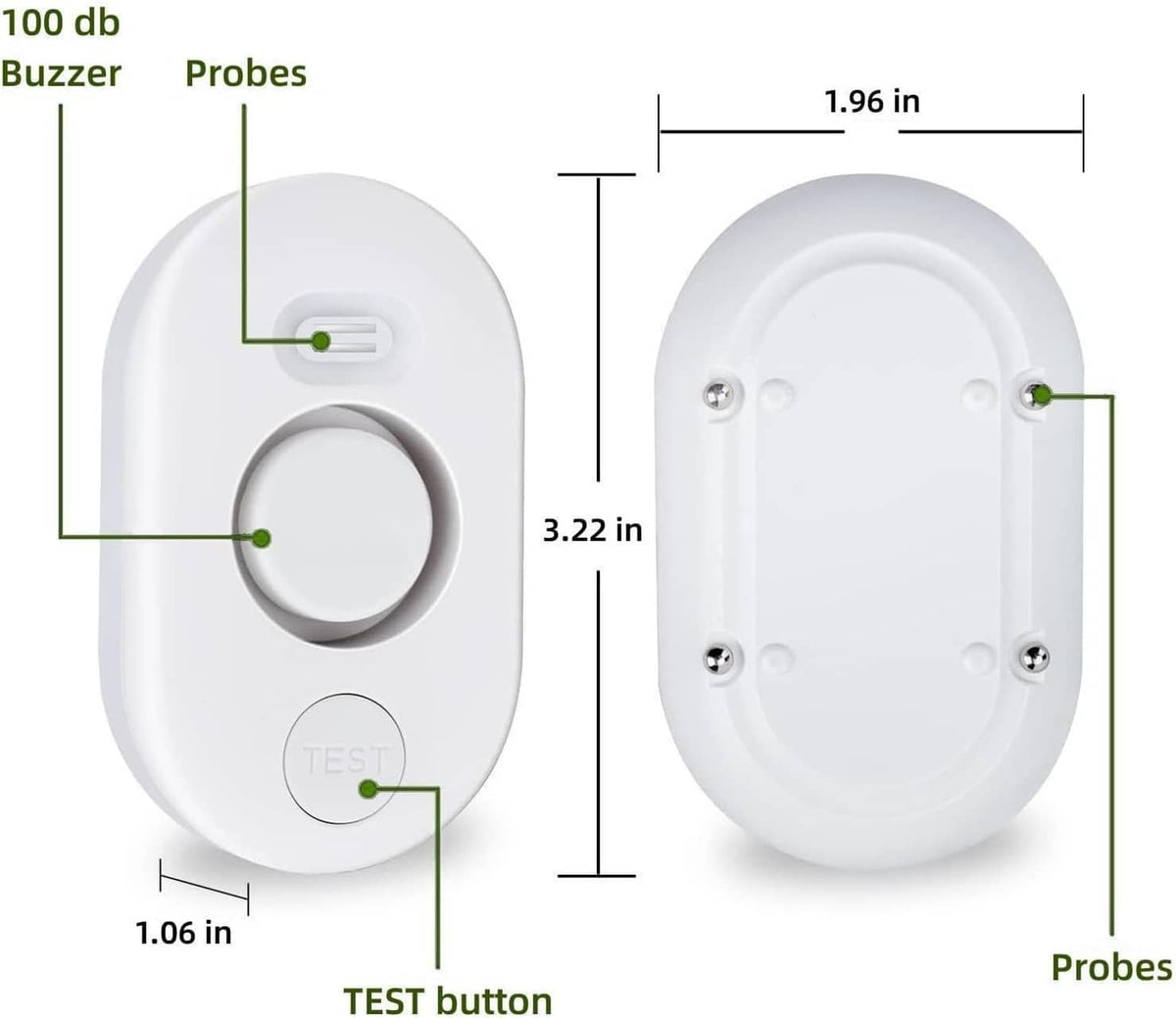 White water leak detector with front test button and metal probe contacts