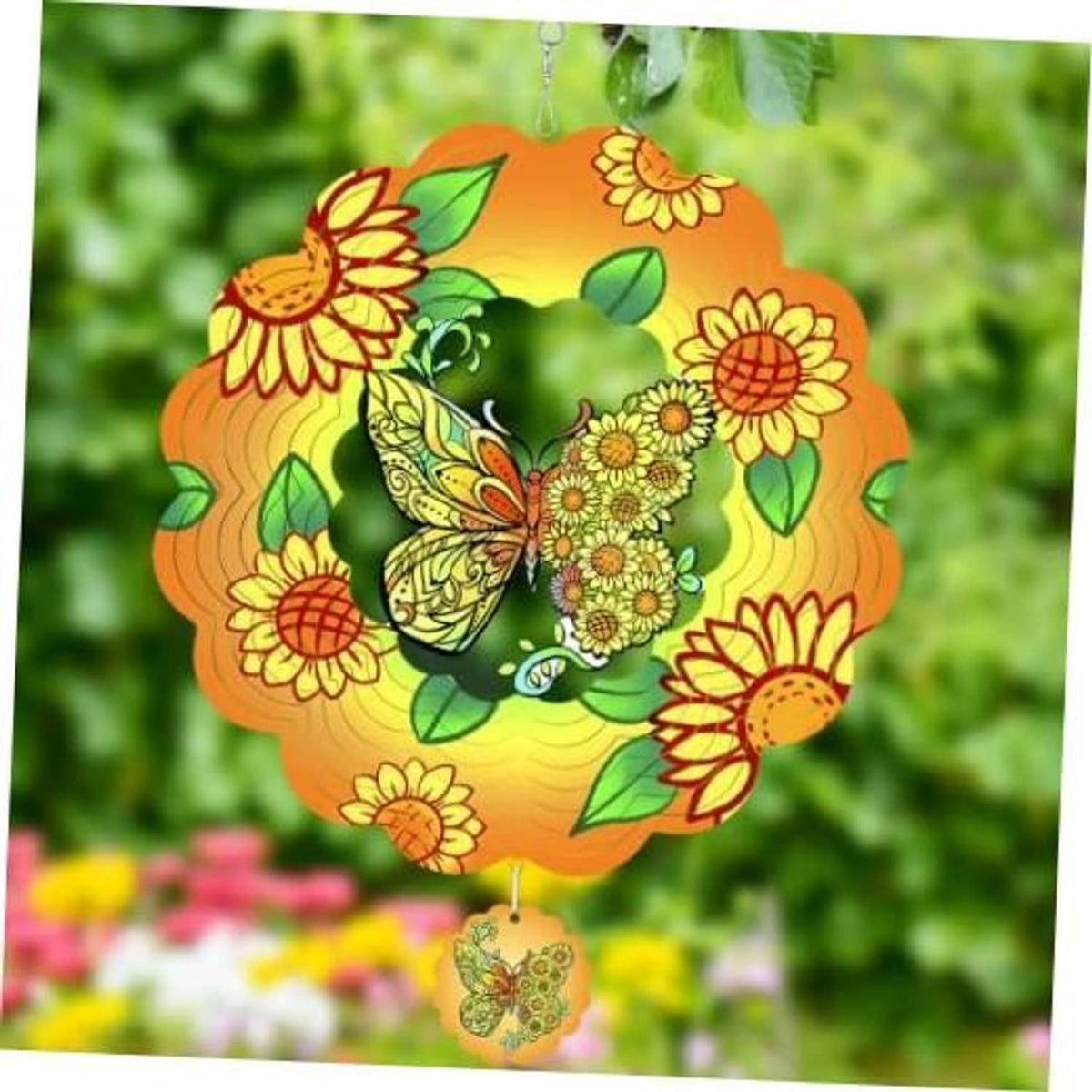 3D butterfly wind spinner with orange flower ring and green leaves; small hanging charm
