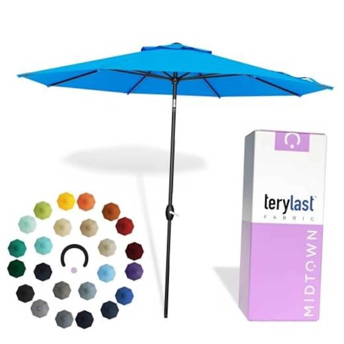 Cobalt blue 9 ft patio umbrella with open canopy and central crank pole