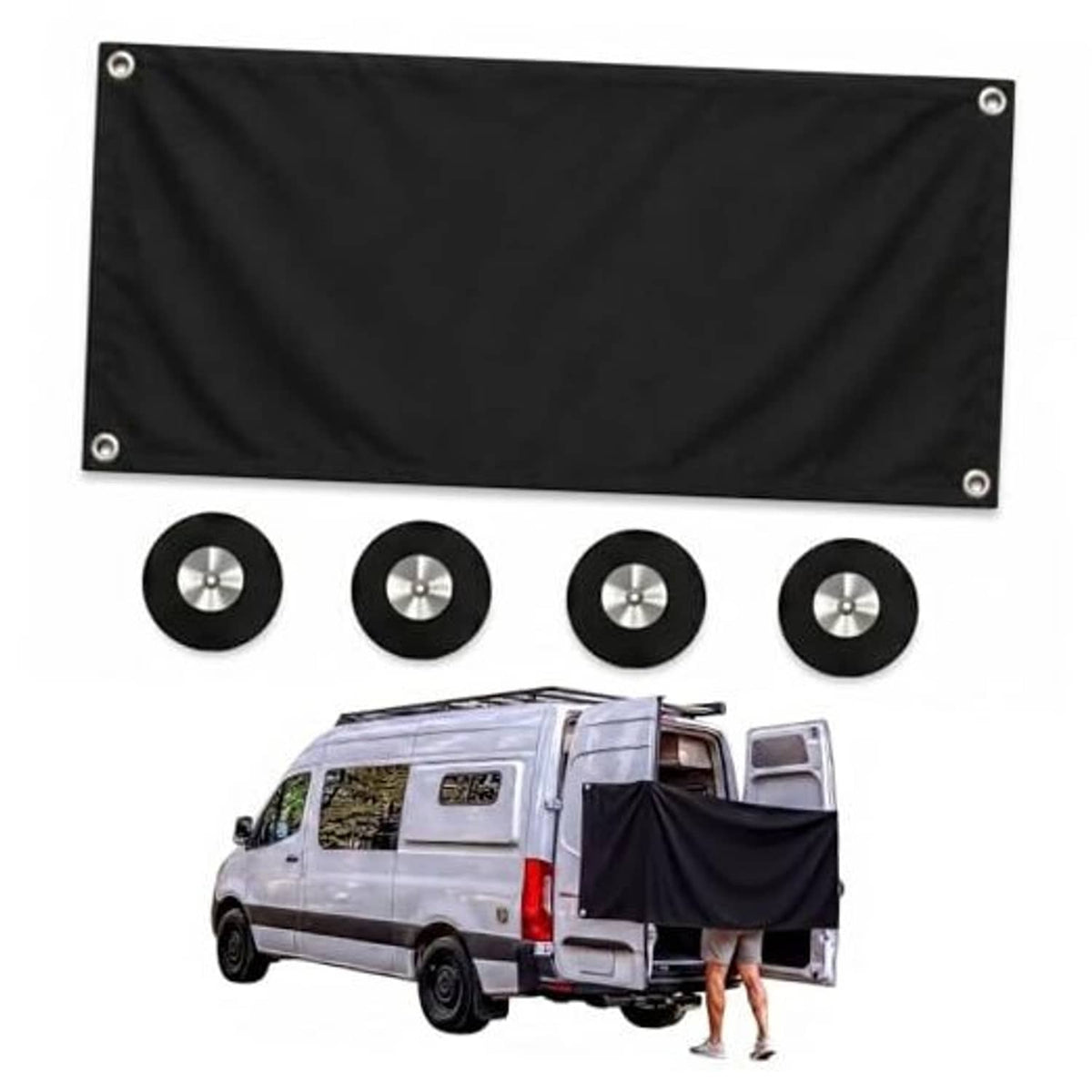 Black rear-door privacy shower curtain with metal grommets and magnetic hooks