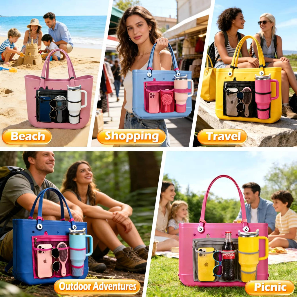 Mesh organizer insert pouch with pockets and cup holder for tote bags