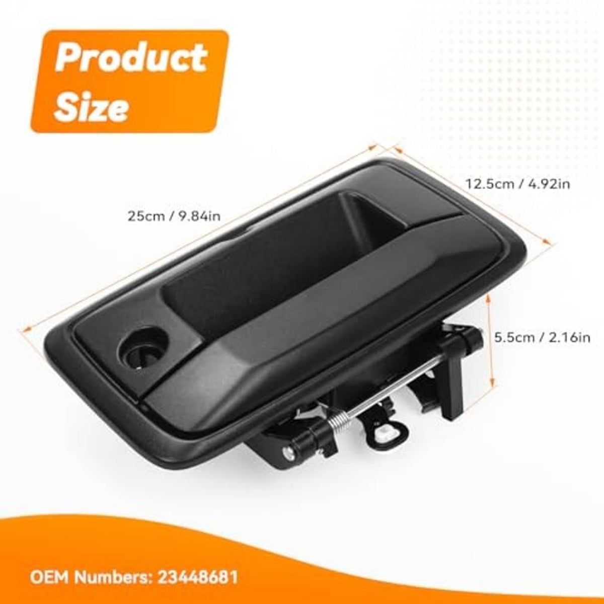 Black tailgate handle with keyhole and hardware, shown with size diagram