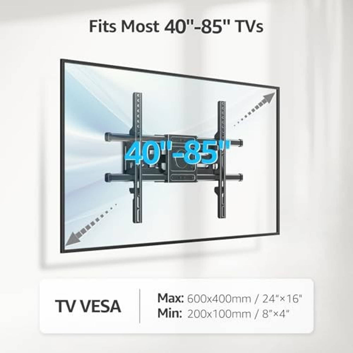 Full motion TV wall mount with VESA mounting plate and long steel rails, black