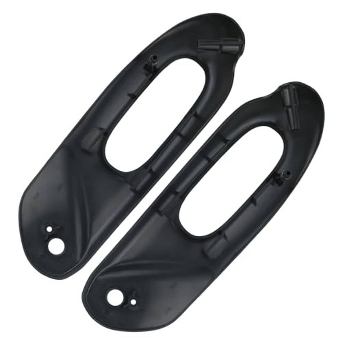 Black power seat switch panel bezel pair with rear mounting clips and oval openings