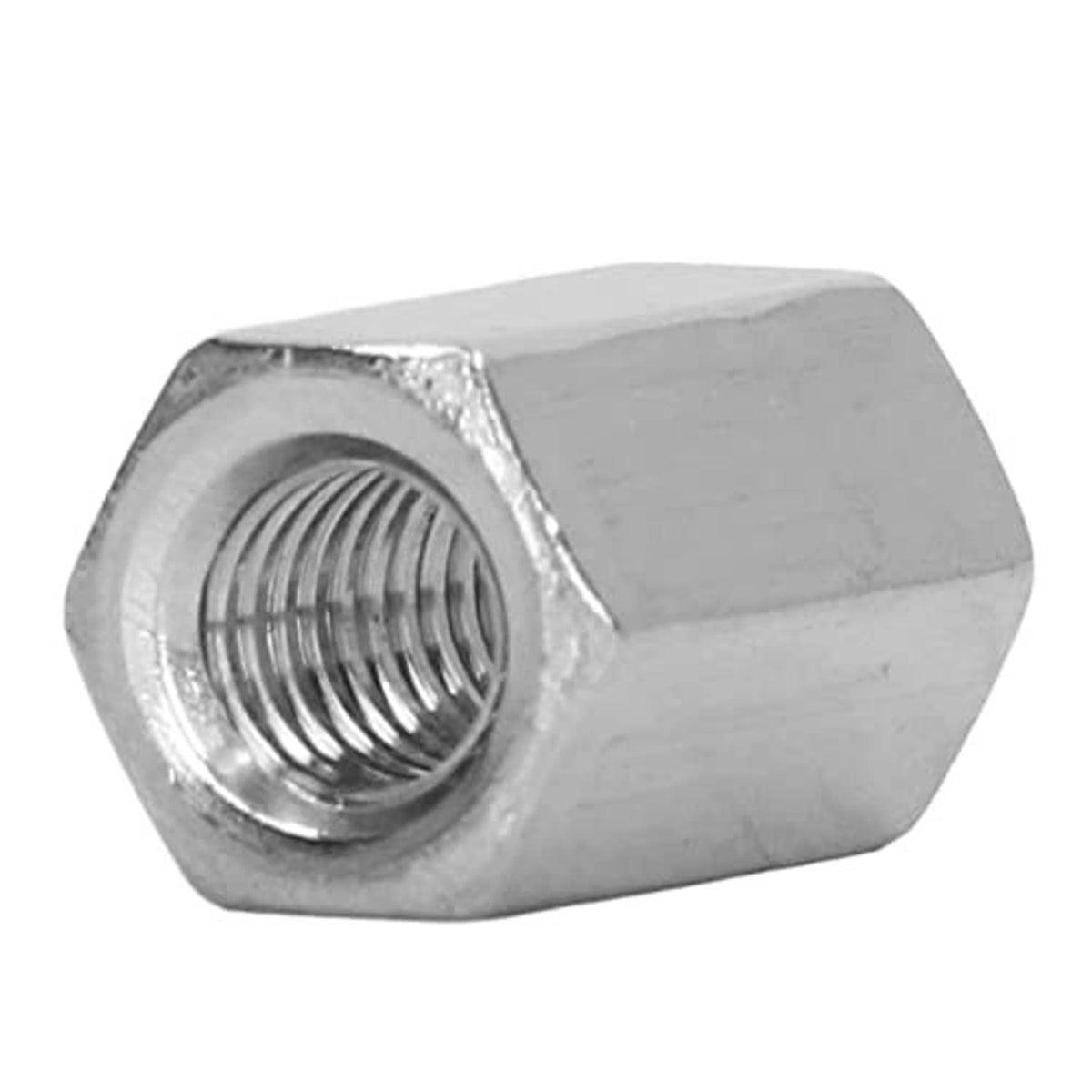 Single stainless steel hex coupling nut, silver finish, visible internal threads
