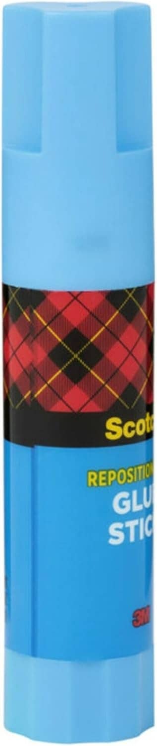 Light blue glue stick with red plaid label band and partial Scotch logo