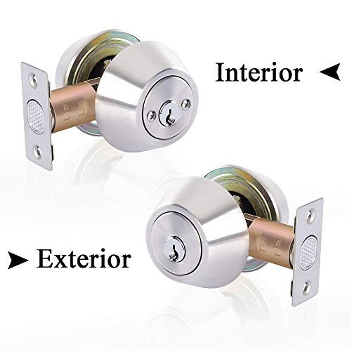 Deadbolt lock showing exterior and interior mounting plates with key cylinders