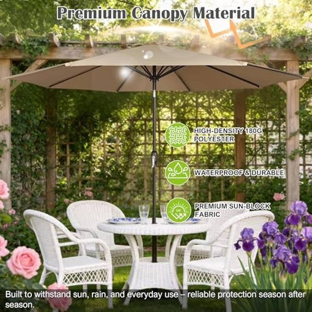 Market tan patio umbrella with open canopy above outdoor dining table
