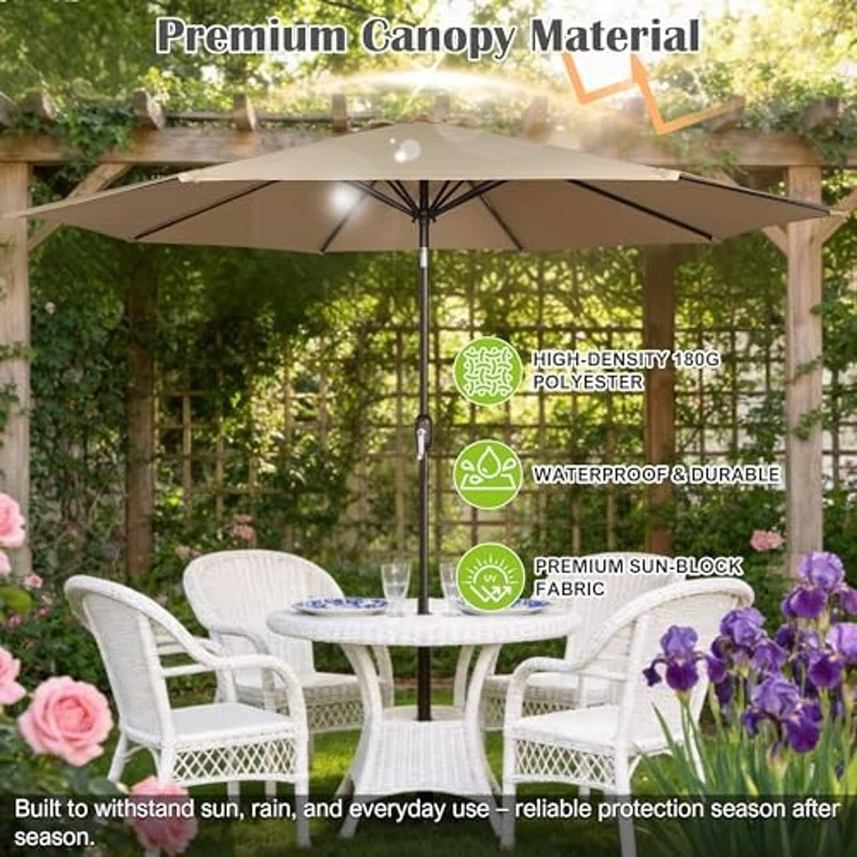 Market tan patio umbrella with open canopy above outdoor dining table