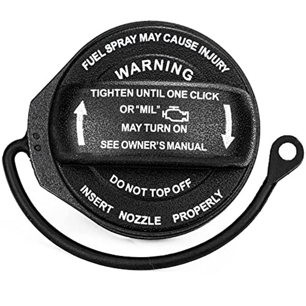 Fuel tank gas cap with warning text and arrows, black housing with side handle