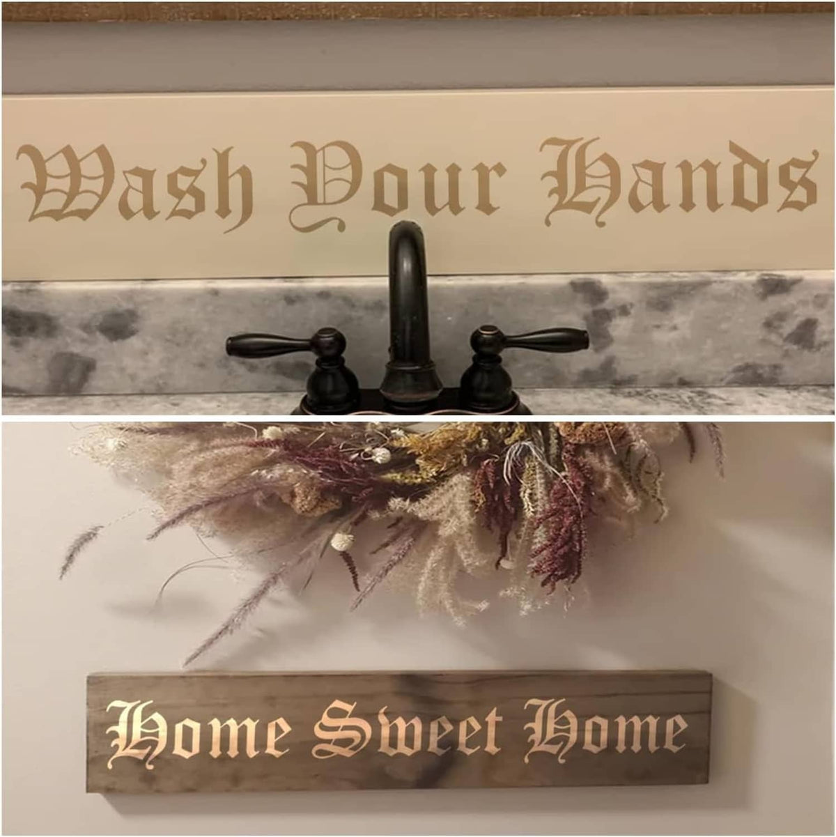 Stencil lettering reading “Wash Your Hands” and “Home Sweet Home” on wall signs