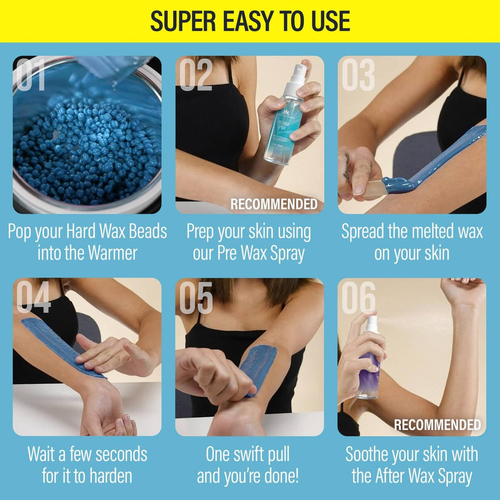 Instruction card showing steps for warming and applying hard wax beads