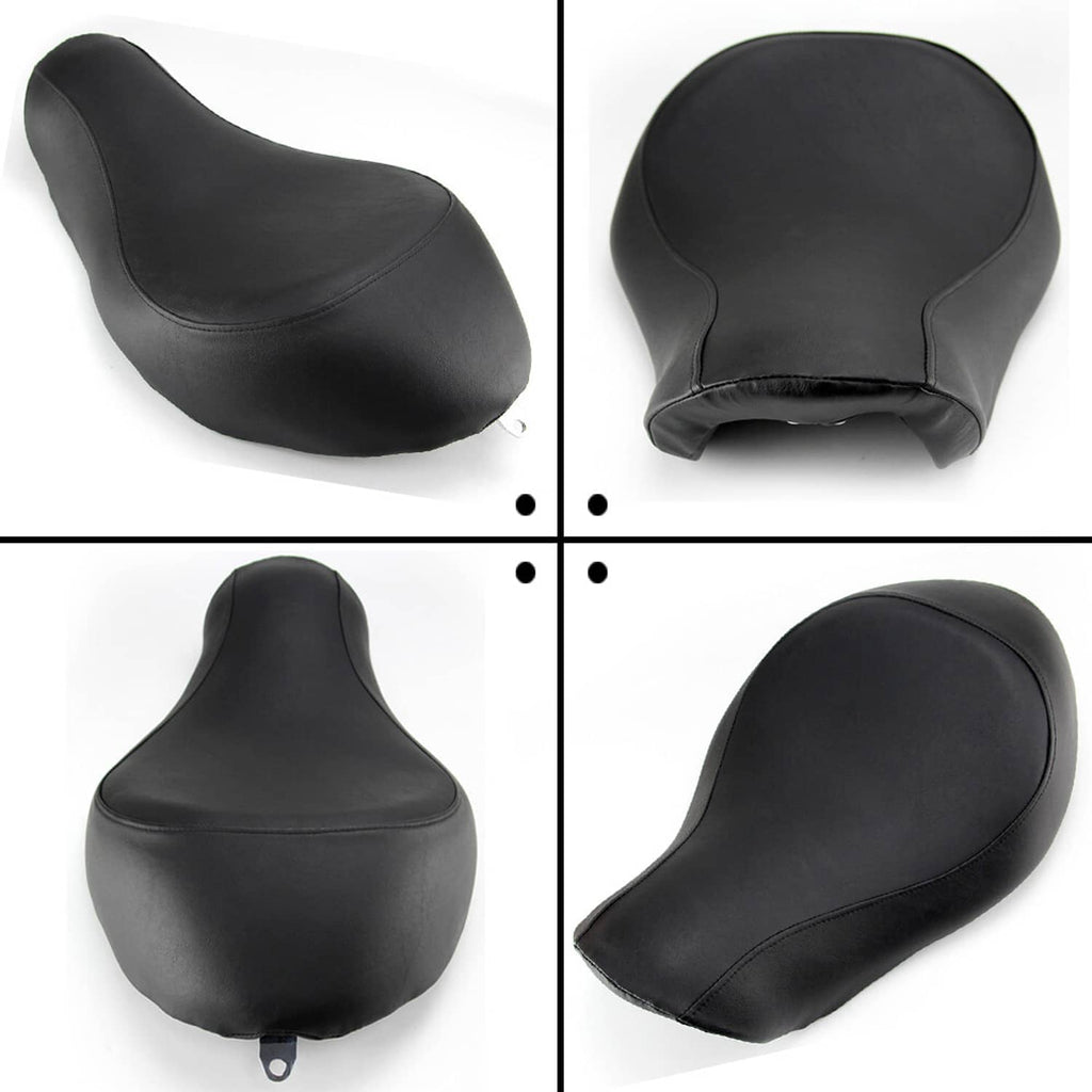 Black solo motorcycle seat shown from multiple angles
