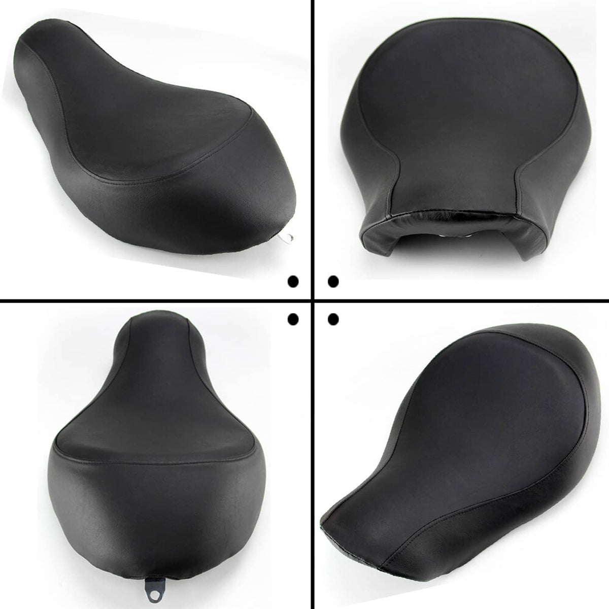 Black solo motorcycle seat shown from multiple angles