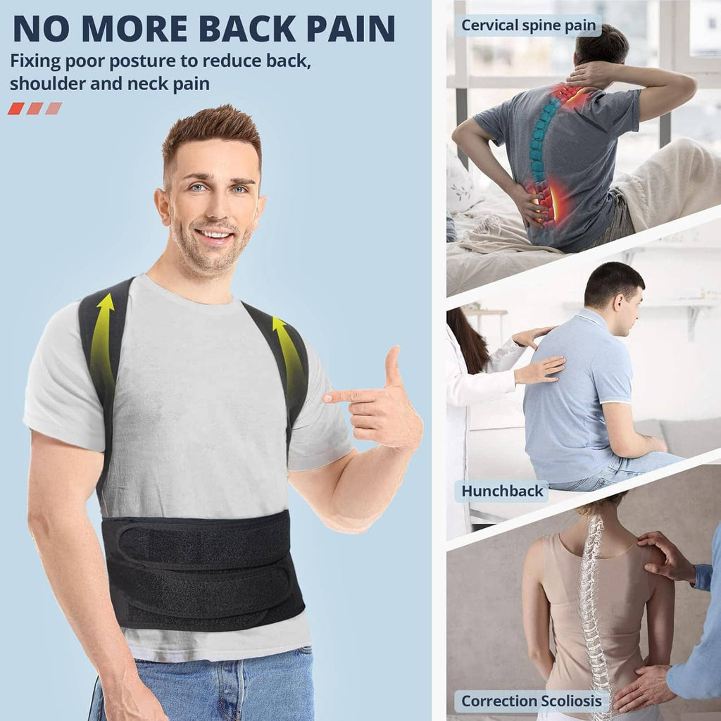 Posture corrector back brace with wide elastic belt and shoulder supports, black with blue accents