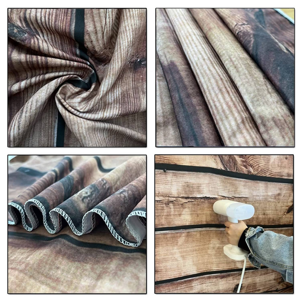 Printed backdrop fabric swatch with textured gray and tan striped pattern