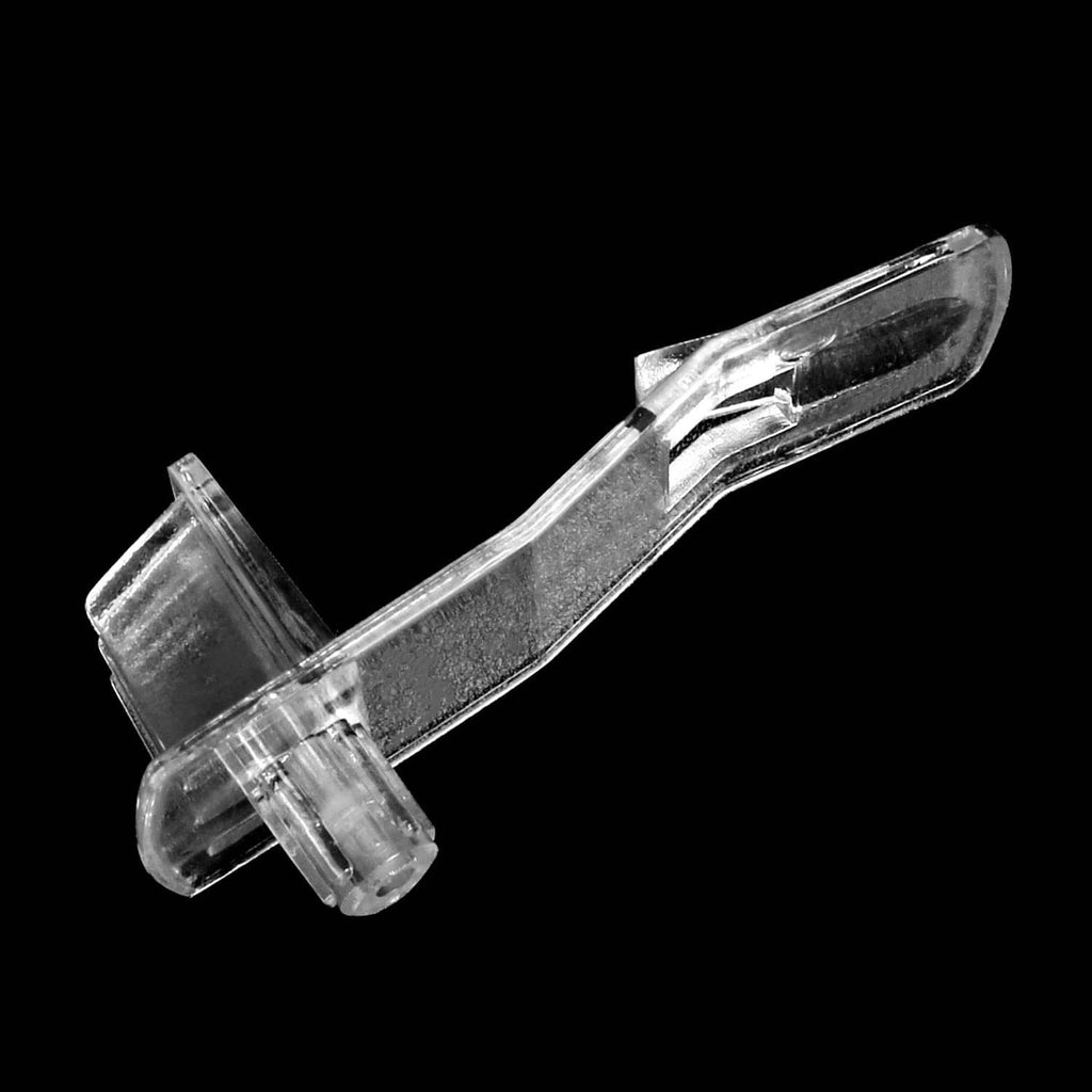 Clear plastic shelf support peg, single unit with two arms and locking base