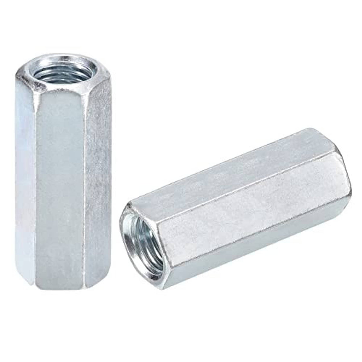 Galvanized hex coupling nuts with internal threads, two nuts in angled view for M14