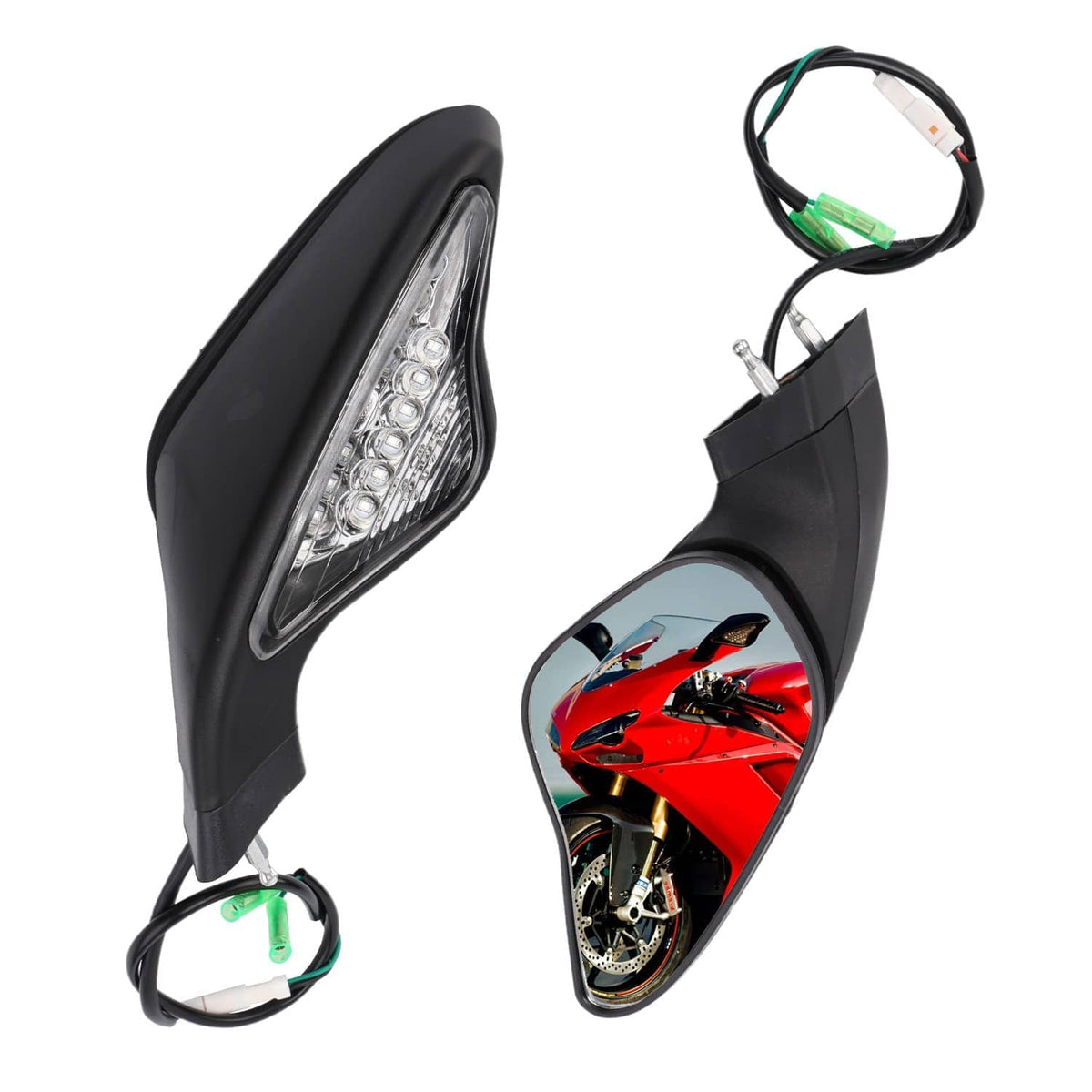 Black motorcycle rearview mirrors with clear LED turn signal lenses and wiring
