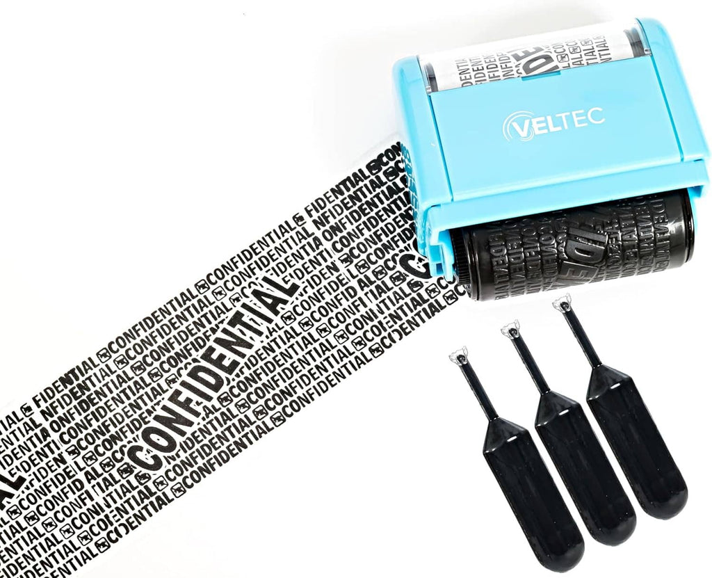 Blue identity ink roller stamp with black roller unit and security label strip