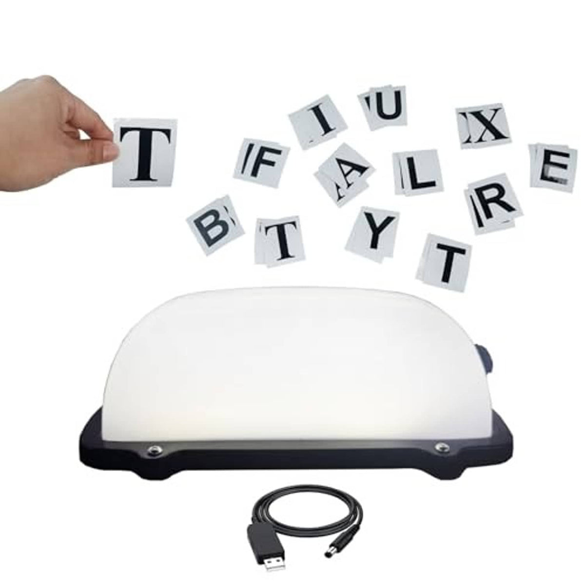White LED roof sign light with magnetic base, blank panel and loose letter tiles