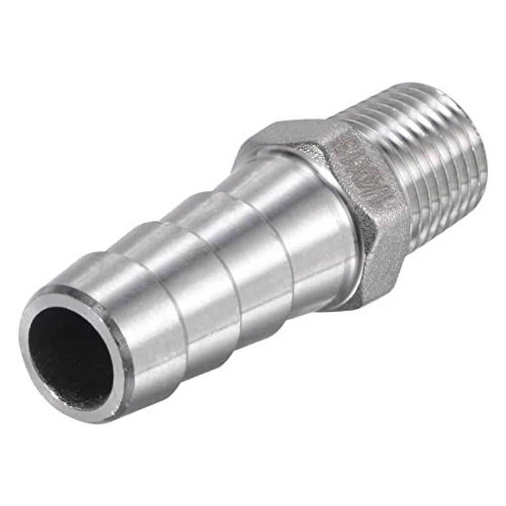 Stainless steel hose barb fitting with cylindrical barbed section and external male threads.