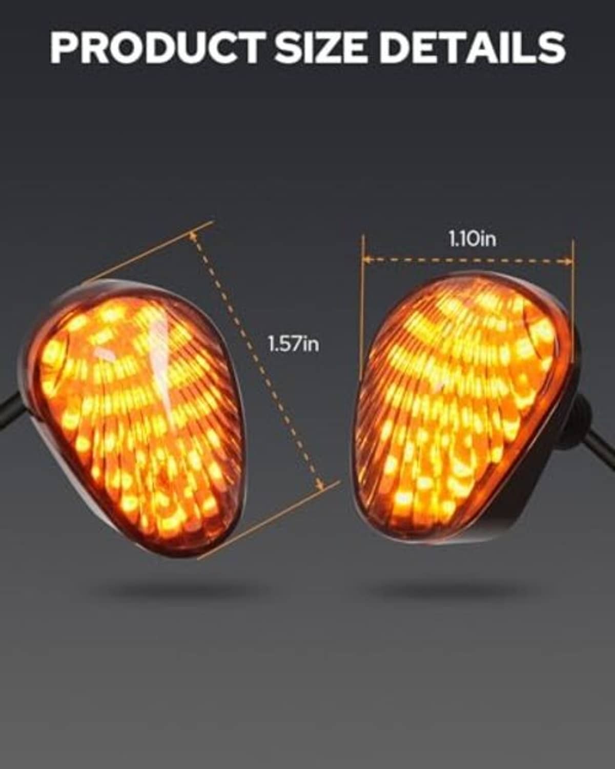 Smoked oval LED motorcycle turn signal lights with amber glow, compact teardrop shape