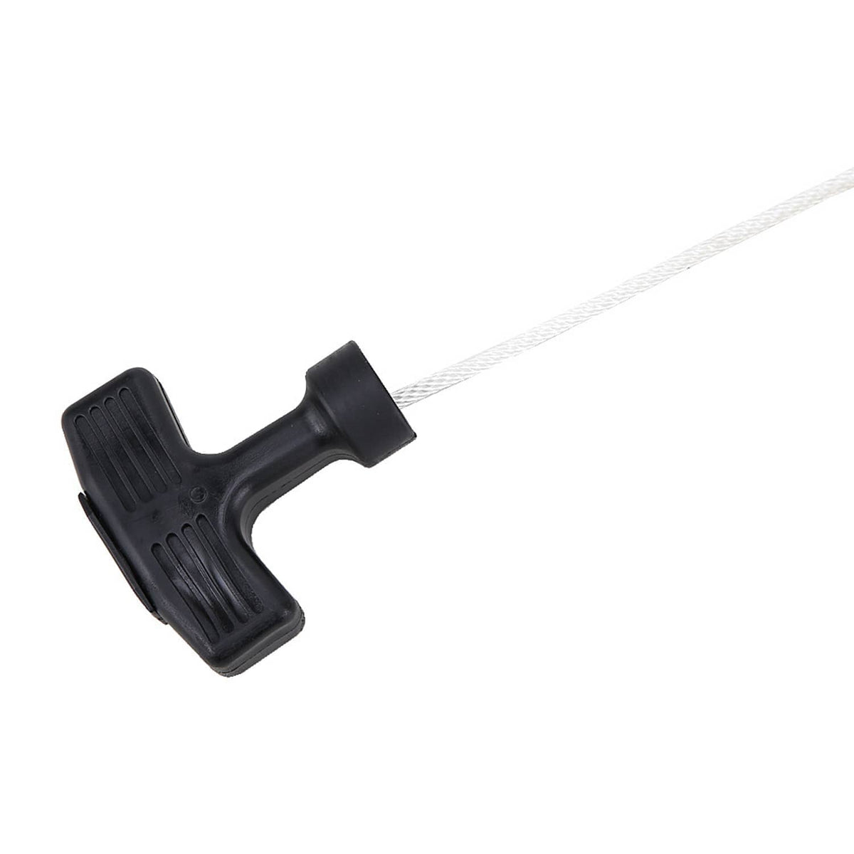 Textured black recoil pull handle with attached white starter rope