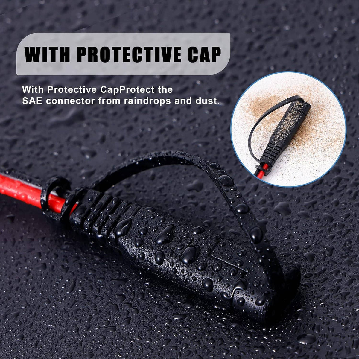 Waterproof protective cap on SAE splitter cable connectors with red and black leads