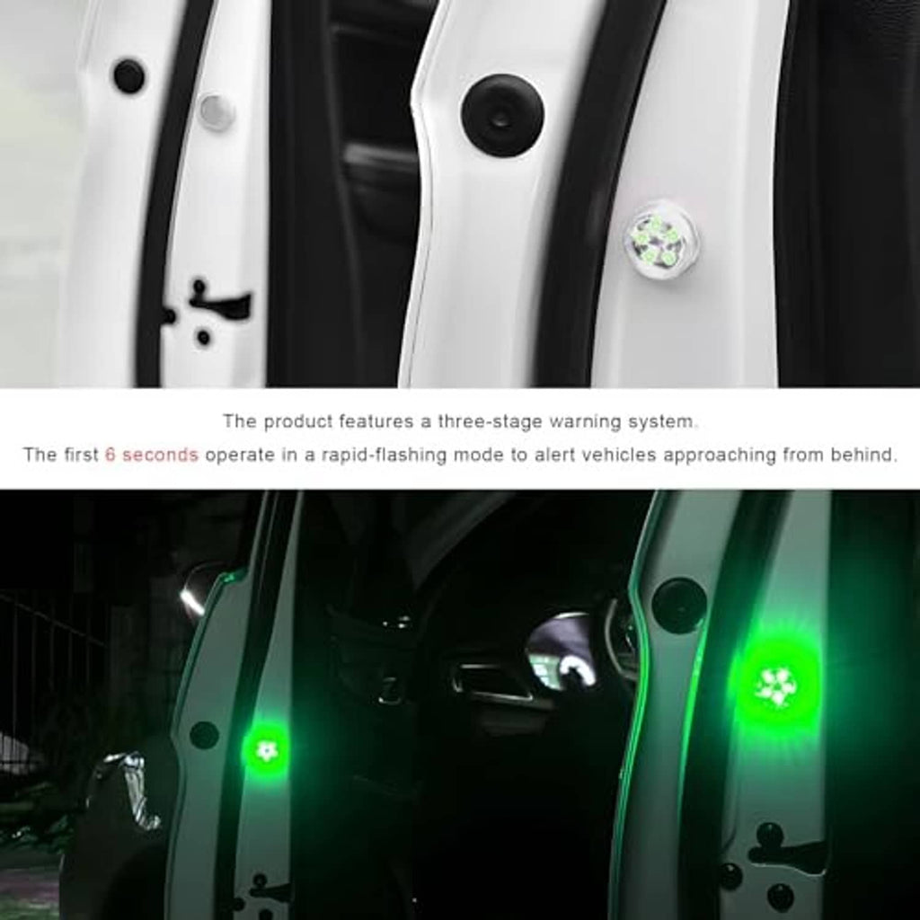 Green glowing round LED door warning lights mounted on a car door panel