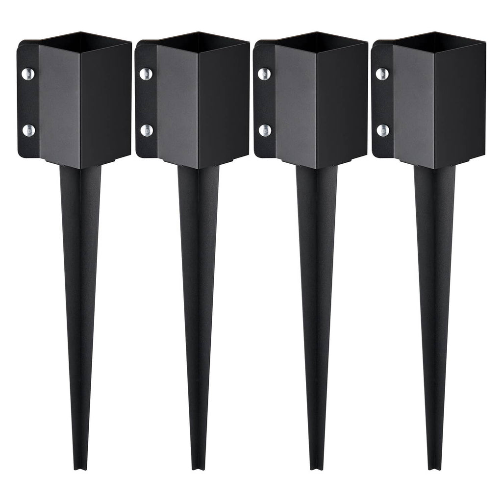 4-pack black metal fence post ground spikes with square mounting plates