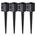 4-pack black metal fence post ground spikes with square mounting plates