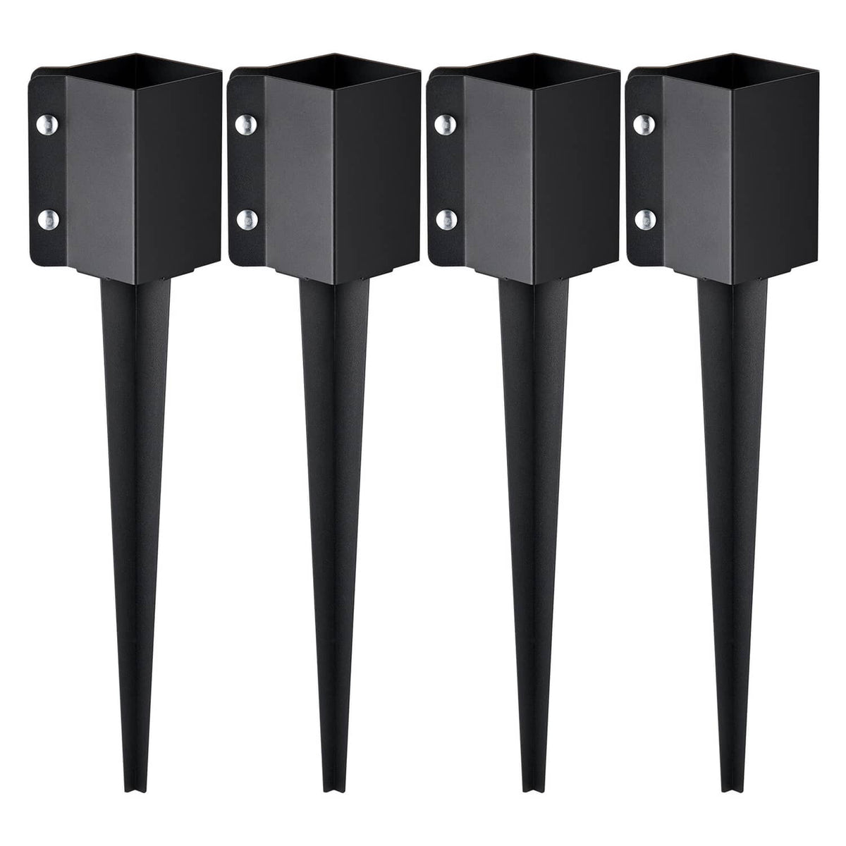 4-pack black metal fence post ground spikes with square mounting plates
