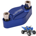 Blue CNC parking brake block-off plate with two silver mounting bolts