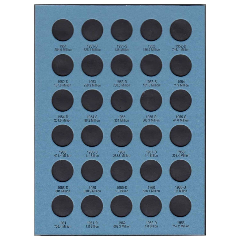 Blue Lincoln Cents coin holder page with dark coins, dates, and mint totals