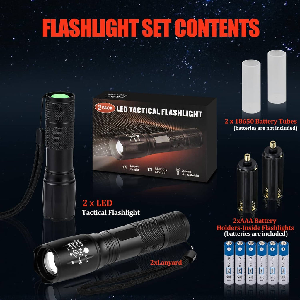 Black LED tactical flashlight set with box, battery tubes, and included accessories