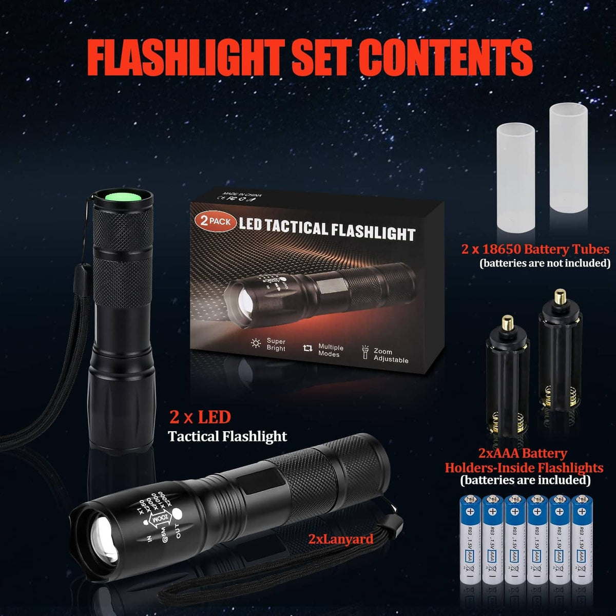 Black LED tactical flashlight set with box, battery tubes, and included accessories