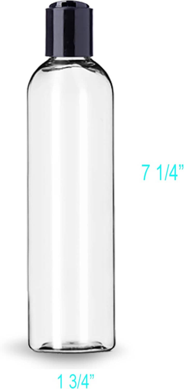 Clear plastic empty bottle with black disc top cap, refillable container