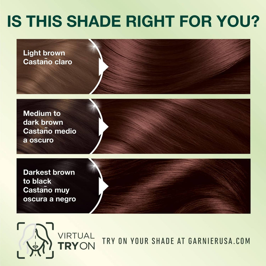 Hair color shade guide with three brown levels and virtual try-on prompt.