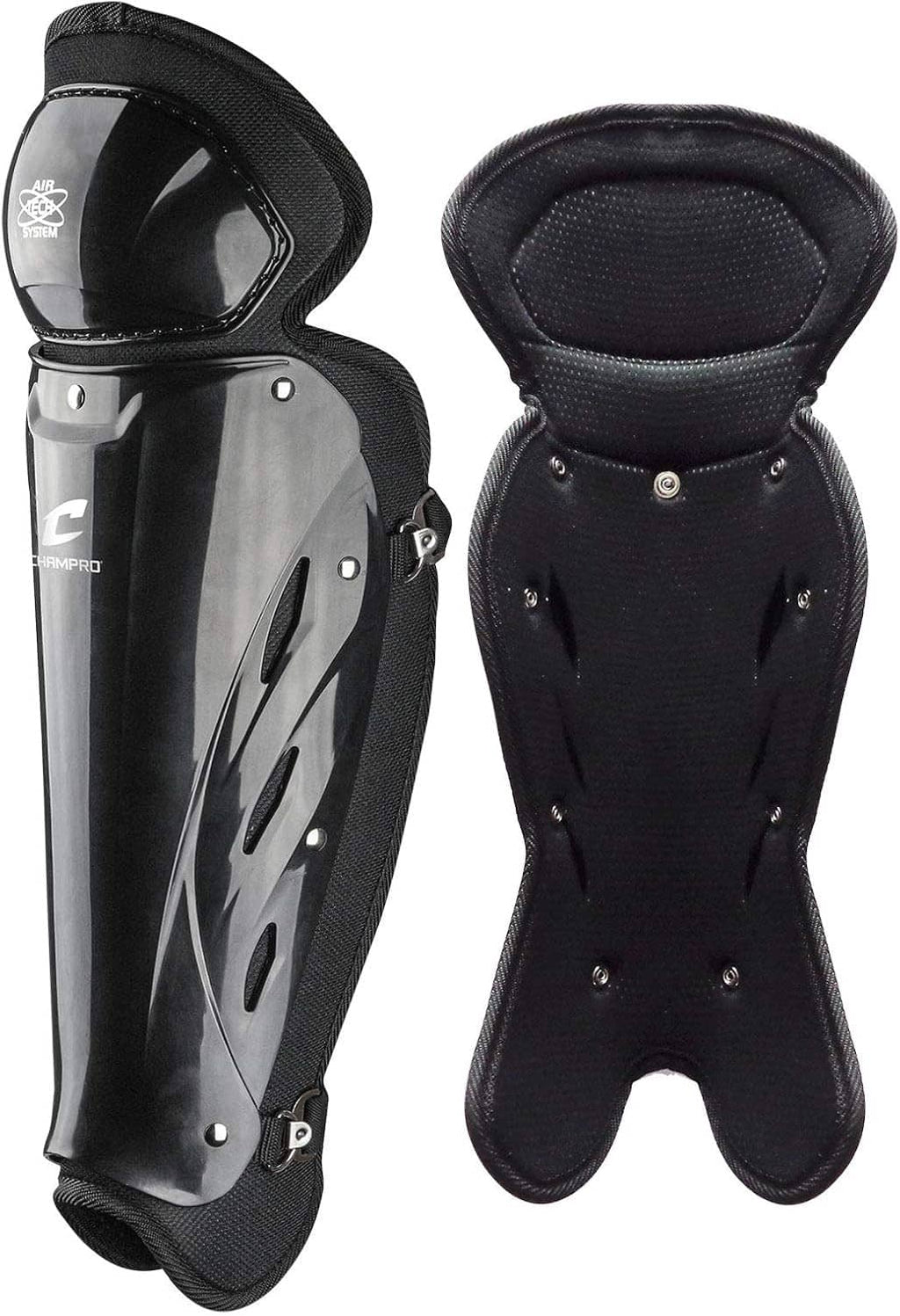Single knee leg guard with black fabric outer, silver hard front plate, rear padded panel