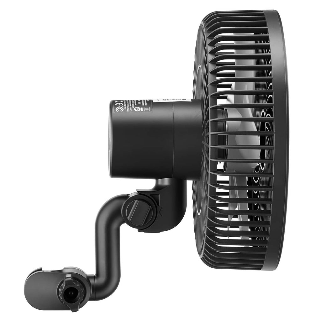 Black clip-on fan side view with control knob and mounting arm