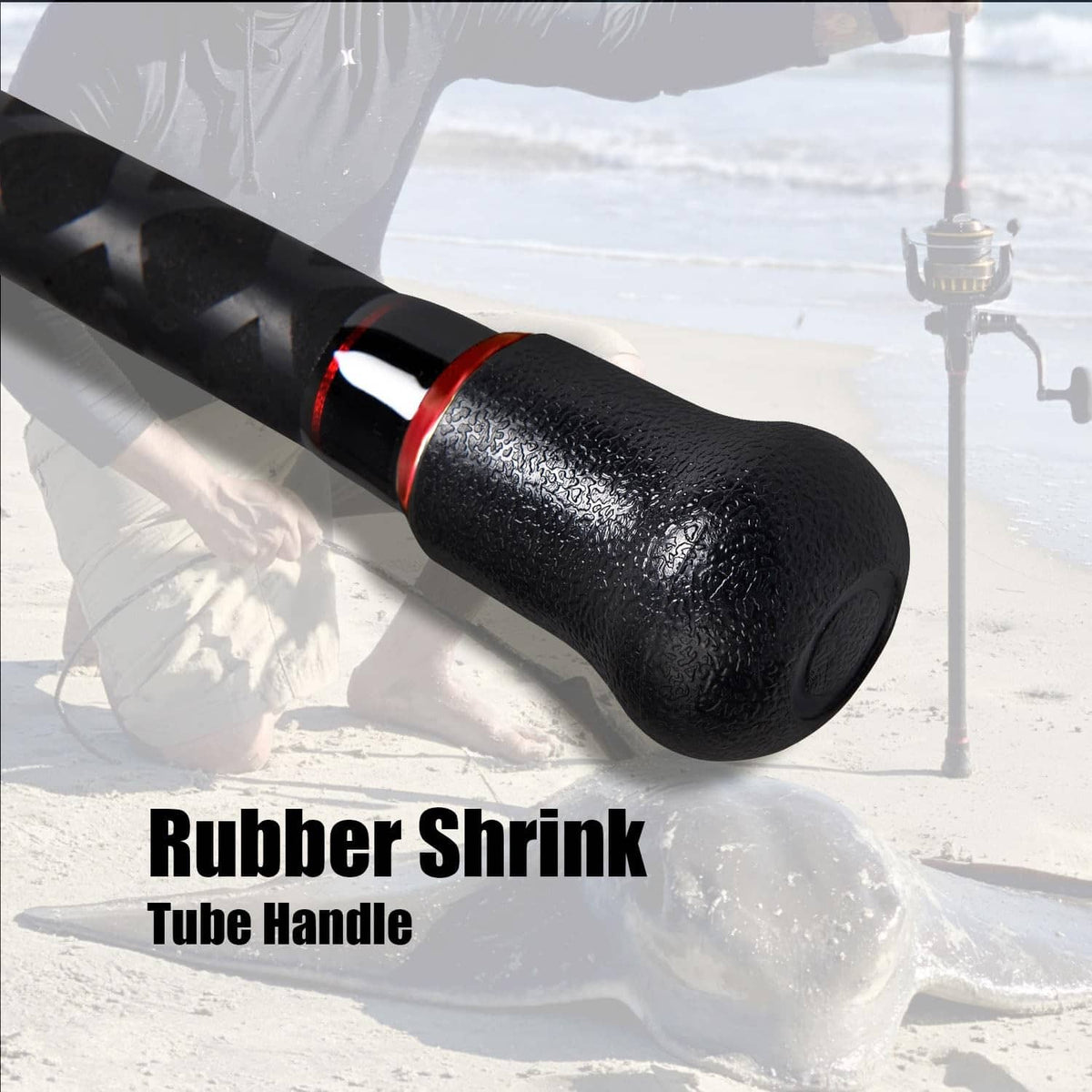 Black rubber shrink tube fishing rod handle with textured grip and red bands
