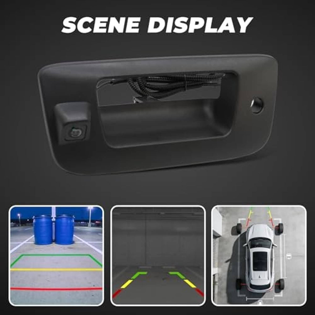 Black tailgate handle backup camera with lens window and bundled wiring