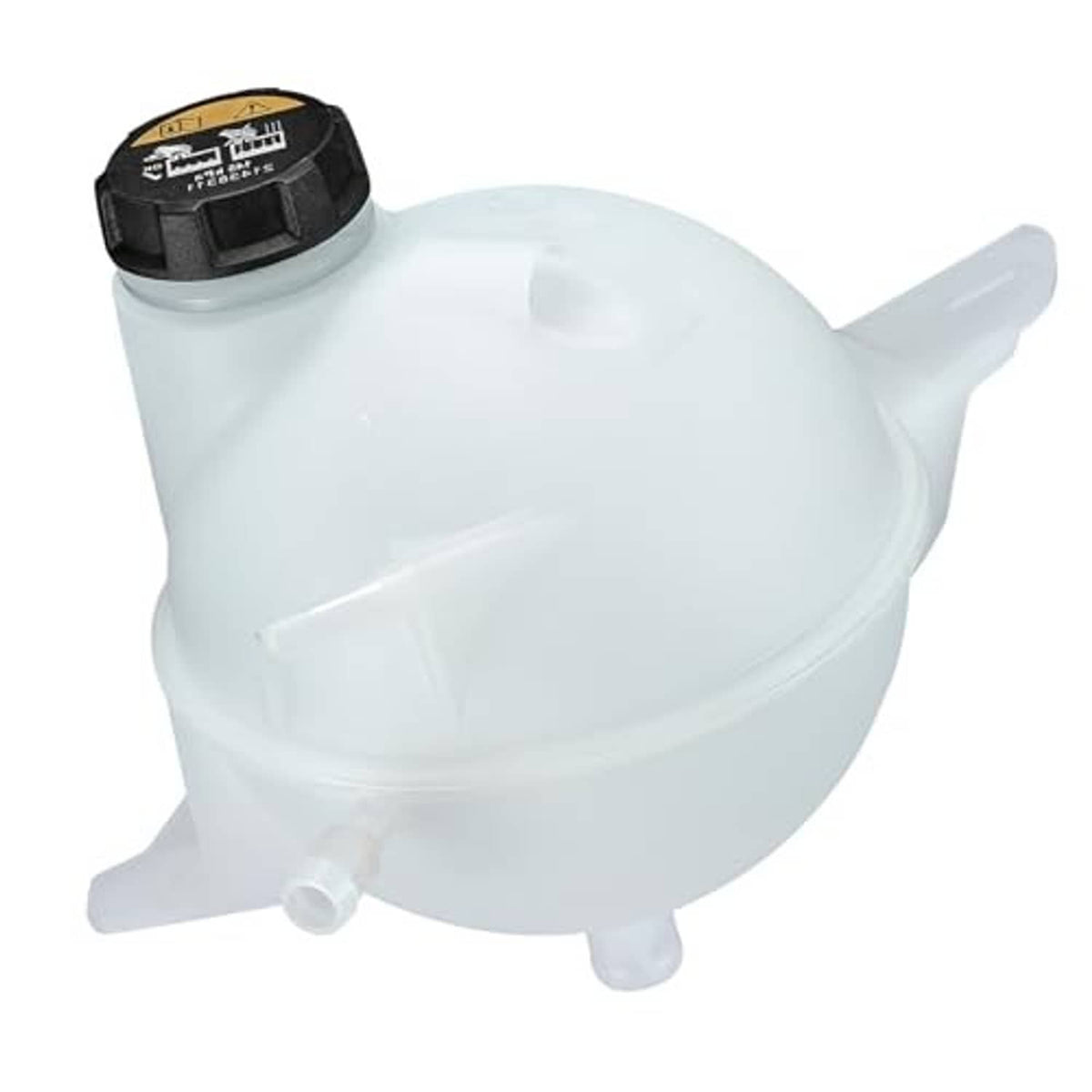 Coolant reservoir tank with black cap, white plastic body and outlet tubes
