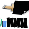 High-gloss black vinyl wrap panels for vehicle emblem, including bowtie shape piece.